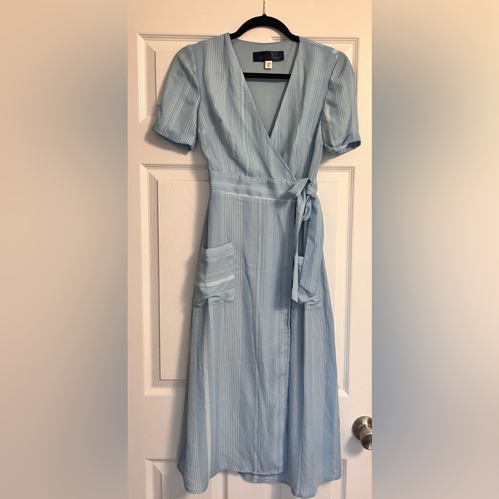 Blue Rain Light Blue Striped Midi Dress